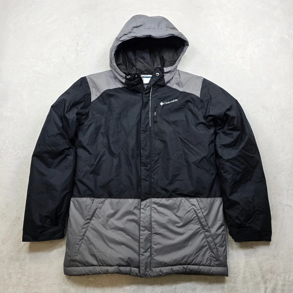 Columbia Hooded‎ Winter Jacket Kids Large 14 16 Black Grey Full Zip Insulated
